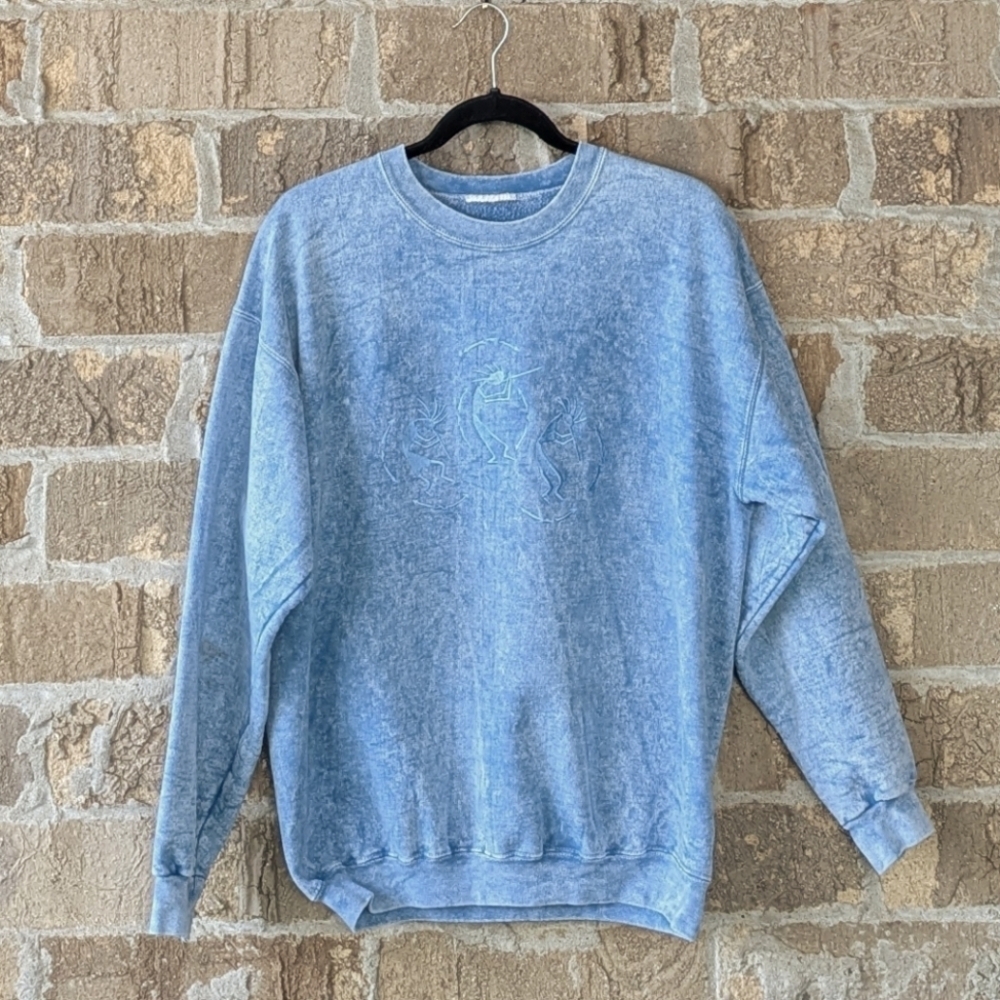 VTG 80s Embroidered Kokopelli Flute Player Sweatshirt Baby Blue Acid Wash Large